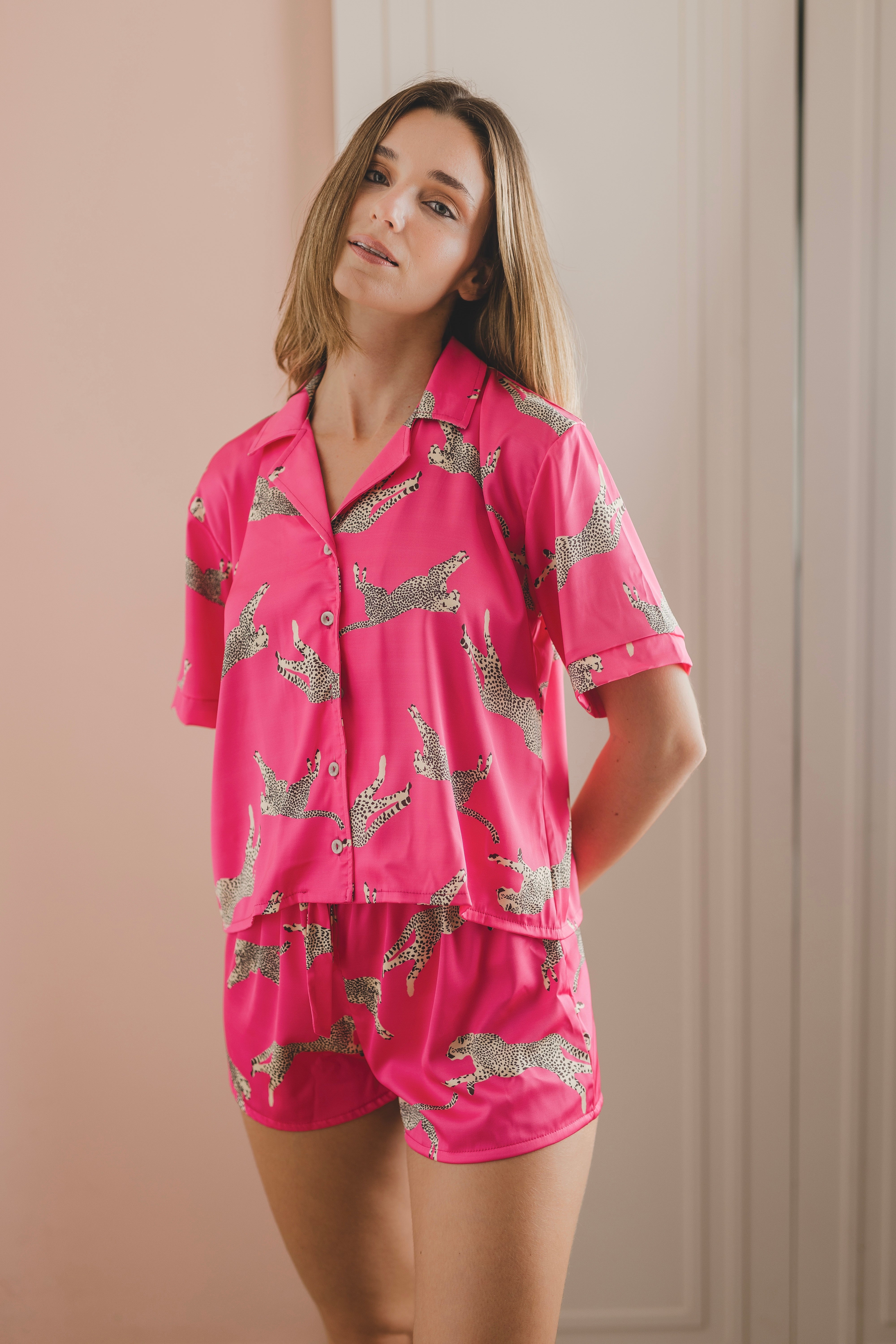 PIJAMA CHEETAH FUCSIA MANGAS - SEDA