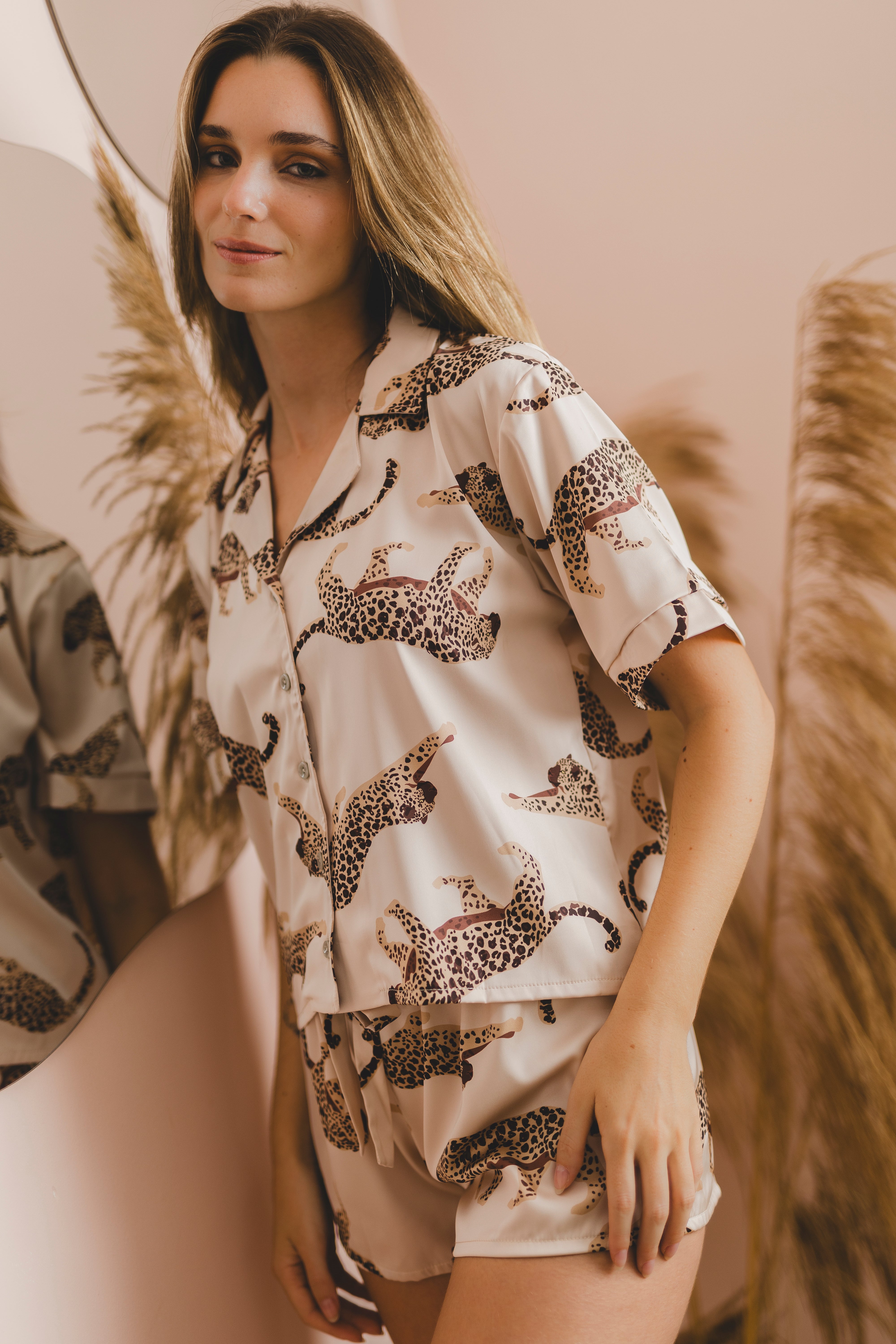 PIJAMA CHEETAH BEIGE MANGAS - SEDA