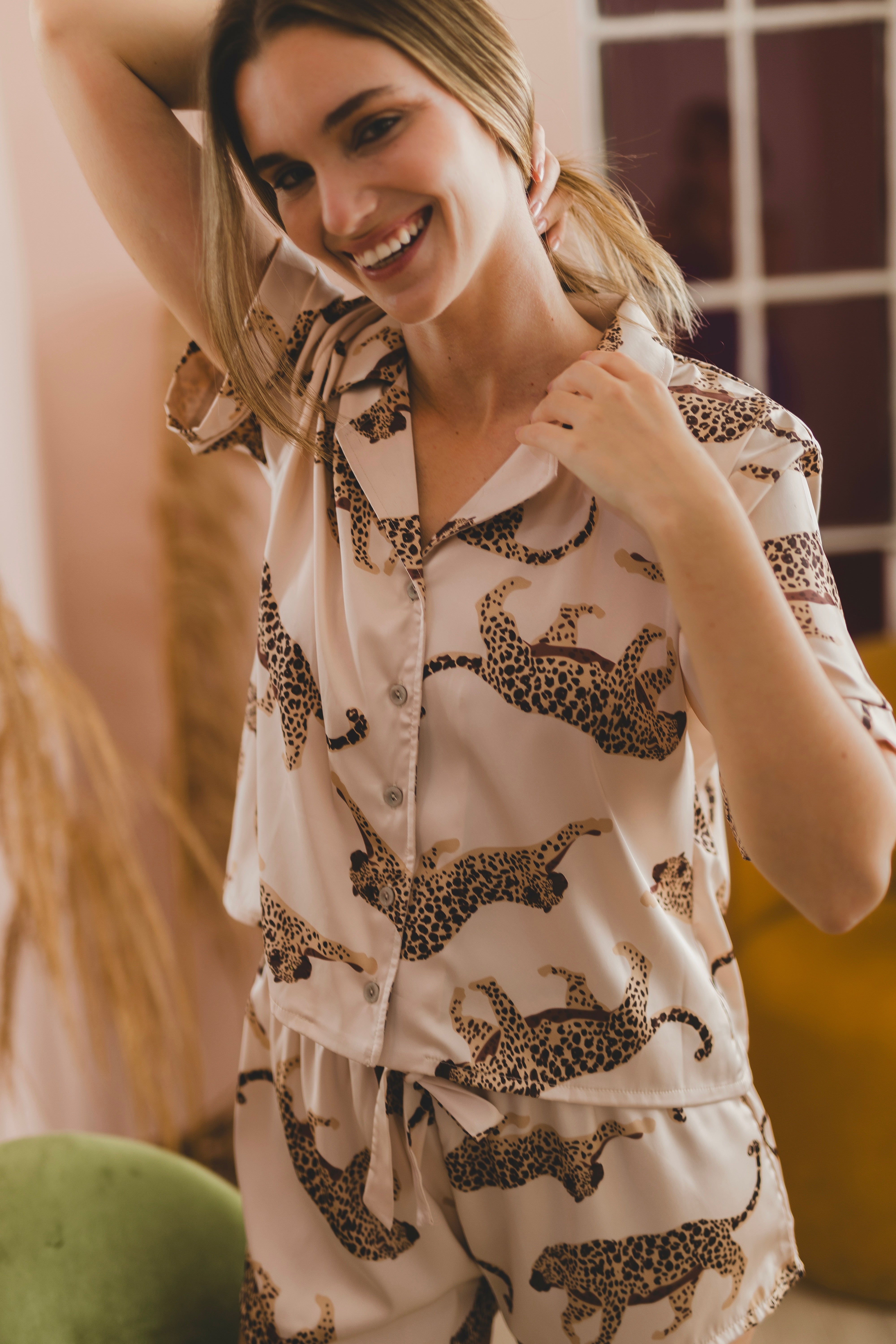 PIJAMA CHEETAH BEIGE MANGAS - SEDA